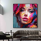 cheap People Paintings-Best on Canvas Handmade Abstract Portrait Oil Painting The Hot Color Hand-Painted Knife David Palette Woman Face Oil Paintings