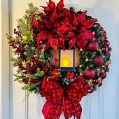 olcso Karácsonyi fények-szent karácsonyi koszorú lámpákkal, elegáns vörös jézus karácsonyi koszorúk, karácsonyi díszek, kültéri karácsonyi koszorú, vegyes díszítéssel telerakott műkoszorú az ablakfal kandalló tornácra