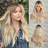 economico Parrucche trendy sintetiche-Parrucche bionde lunghe con ombre ombre Parrucche ondulate a strati dall&#039;aspetto naturale per le donne Parrucche per capelli resistenti al calore Parrucche sintetiche per feste cosplay Parrucche per