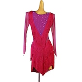 olcso Latin tánc ruházat-Latin tánc Egzotikus táncruházat Latin salsa tánc Ruha Rojt Kristályok / Strasszok Női Teljesítmény Hétköznapi viselet Hosszú ujj Spandex