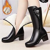 baratos Botas de neve e inverno-botas de inverno femininas pretas de cano médio com forro de pele sintética, enfeite de rosas e salto grosso – botas de neve quentes e elegantes