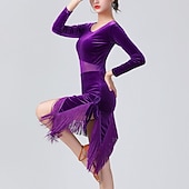 זול שמלות אימון-ריקוד לטיני שמלה פרנזים צבע טהור שחבור בגדי ריקוד נשים הצגה הדרכה שרוול ארוך גבוה Peluche