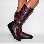 abordables Botas vintage-Botas altas medievales con cordones marrones para mujer: botas vintage de piel sintética con botones decorativos para cosplay, ferias renacentistas y recreaciones históricas