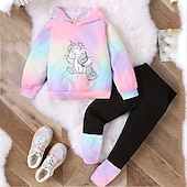 abordables Ensembles pour filles-Ensemble sweat à capuche et pantalon de survêtement Ensemble 2 Pièces Bébé Fille Licorne manche longue Actif Extérieur 3-7 ans Printemps Rose Claire