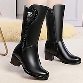 baratos Botas de neve e inverno-botas de inverno femininas pretas de cano médio com forro de pele sintética, enfeite de rosas e salto grosso – botas de neve quentes e elegantes