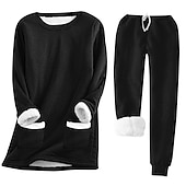 baratos Conjuntos de duas peças-Conjunto de 2 Peças de Calças Quentes Femininas Moda Moleton Calças de Flanela Calças Trousers Manga Longa Decote Redondo Cor Sólida Com Corda Casual Dia-a-Dia Preto Rosa Escuro Azul Outono e Inverno