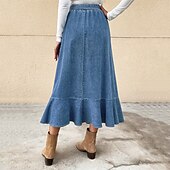 economico Gonne semplici-Per donna Gonna Linea A Altalena a dondolo Di tendenza Informale Maxi Vita alta Gonne Tinta unita Con balze Strada Giornaliero Blu Inverno Denim