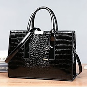 cheap Handbag &amp; Totes-Women&#039;s Black Patent Leather Crocodile Pattern Handbag with Shoulder Strap - Elegant Office Tote Bag for Formal Occasions