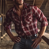男性用 チェック シャツ ウエスタンシャツ カウボーイシャツ 長袖 ビジネス 洋式 アウトドア ストリート カジュアル/普段着 秋冬 折襟 ボタン プリント ルビーレッド グレー お買い得  メンズウエスタンシャツ-男性用 チェック シャツ ウエスタンシャツ カウボーイシャツ 長袖 ビジネス 洋式 アウトドア ストリート カジュアル/普段着 秋冬 折襟 ボタン プリント ルビーレッド グレー
