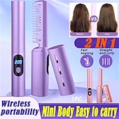 billige Personlig beskyttelse-2-i-1 rettetang til lat hår trådløst hår hot comb mini usb oppladbar rettetang krøllete hårpinne hurtigvarmende rettebørste for hjemreise-1 stk.