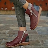 abordables Botines-Mujer Botas Tallas Grandes Exterior Diario Botines Botines Invierno Cremallera Tacón Plano Dedo redondo Vintage Casual Zapatos de Paseo Cuero PU Cremallera Plaid Bloque de color Negro Vino Morado