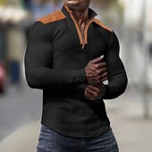 cheap Basic T shirts-Men&#039;s Waffle Tee Waffle Shirt T Shirt Tee Top Long Sleeve Standing Collar Spring &amp;  Fall Color Block Fashion Designer Basic Patchwork Quarter Zip Vacation Street Going out Black White Navy Blue Top