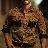 voordelige westernhemden voor heren-Voor heren Overhemd Westers overhemd Cowboyshirt Lange mouw Vintage Buiten Straat Casual / Dagelijks Herfst winter Strijkijzer Knop Afdrukken blauw Bruin Grijs