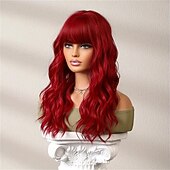 economico Parrucche trendy sintetiche-Parrucca rossa lunga 24 pollici con frangia per donna, parrucche ricce ondulate parrucche sostitutive dei capelli in fibra sintetica resistente al calore per cosplay festa di Halloween abbigliamento