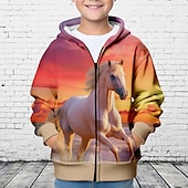 billiga Pojkens 3D-djur-Pojkar 3D Häst Huvtröja Kappa Ytterkläder Långärmad 3D-tryck Höst Vinter Mode Streetwear Häftig Polyester Barn 3-12 år Utomhus Ledigt Dagligen Normal