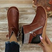 abordables Botines-Mujer Botas Tallas Grandes Exterior Diario Botines Botines Invierno Cremallera Tacón Plano Dedo redondo Vintage Casual Zapatos de Paseo Cuero PU Cremallera Plaid Bloque de color Negro Vino Morado