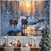 cheap Landscape Tapestry-Winter Wonderland Hanging Tapestry Wall Art Large Tapestry Mural Decor Photograph Backdrop Blanket Curtain Home Bedroom Living Room Decoration Snow Reindeer