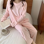 billiga Sovkläder till damer-pyjamasset för kvinnor brev plysch avslappnad komfort hem säng korall fleece korall sammet varm andas crew neck långärmad pullover byxa broderi höst vinter hem outfits