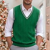 preiswerte Herrenpullover-Weihnachtspullover, Herrenpullover, Weste, Strickpullover, Pullover mit Zopfmuster, normal gestrickt, einfarbig, V-Ausschnitt, warm halten, modern, zeitgenössisch, Alltagskleidung, Ausgehen, Kleidung, Herbst, Winter, Weiß, Rot, S, M, L