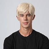 preiswerte Trendige synthetische Perücken-Synthetische Perücke, verworrener gerader Mittelteil, geschichteter Haarschnitt, maschinell hergestellte Perücke, 20,3 cm, hellgoldenes Kunsthaar, Herren, Cosplay, Party, Mode, blond,