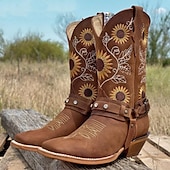 tanie Kowboj i zachodnie buty-damskie kowbojskie buty w stylu western z haftem słonecznika – vintage&#039;owe buty festiwalowe ze sztucznej skóry z paskiem na festiwale muzyczne i do noszenia na co dzień