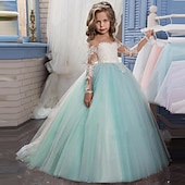 preiswerte Kleider für die Blumenmädchen-Blumenmädchenkleid Mädchen Prinzessinenkleid Kleid für die Erstkommunion Party Kleid Leistung Hochzeit Party Prinzessin Süß Gitter Feste Farbe Langarm Rundhalsausschnitt Weiß Elfenbein 2-12 Jahre