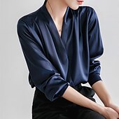 preiswerte Elegante Oberteile-Damen Hemd Bluse Glatt Täglich Geschäftlich Reifen Langarm V Ausschnitt Normale Oberteile Arbeit Weiß Marineblau Frühling &amp; Herbst