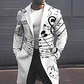 cheap Men&#039;s Print Lightweight Coats-Men&#039;s Musical Notes Winter Coat Overcoat Coat Warm Breathable Comfortable Fashion Streetwear Business Work Wear to work Going out Pocket Print Fall &amp; Winter Turndown Long Sleeve Black White Sky Blue