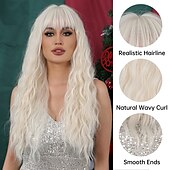 economico Parrucche trendy sintetiche-parrucca sintetica uniformi costumi di carriera principessa riccia onda di acqua parte centrale parrucca taglio di capelli a strati 26 pollici bianco capelli sintetici cosplay delle donne di modo del