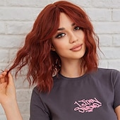 abordables Perruques Synthétiques Sans Bonnet-Perruques bob auburn pour femmes, perruque synthétique ondulée et bouclée avec frange pour usage quotidien, perruques de fête de noël