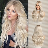 voordelige Synthetische trendy pruiken-synthetische pruik krullend middendeel pruik lang blond synthetisch haar dames modieus ontwerp natuurlijk gemakkelijk mee te nemen blonde kerstfeestpruiken