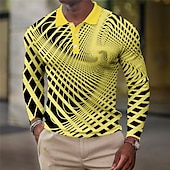billiga Geometrisk pikétröja för män-Herr Geometrisk Våffelpikétröjor Golftröja Långärmad Polotröjor Skjortor med krage Business Casual Semesterkläder Högtidskläder Festivalkläder Knappar 3D-utskrift Höst vinter Vit Gul Blå