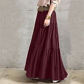 cheap Dresses-Women&#039;s Skirt Swing Long Skirt Fashion Casual Maxi Mid Waist Skirts Solid Colored Ruched Ruffle Vacation Street Black Wine Purple Brown Spring &amp; Summer Cotton Linen