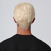 preiswerte Trendige synthetische Perücken-Synthetische Perücke, verworrener gerader Mittelteil, geschichteter Haarschnitt, maschinell hergestellte Perücke, 20,3 cm, hellgoldenes Kunsthaar, Herren, Cosplay, Party, Mode, blond,