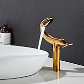 abordables Classiques-Robinet de lavabo de salle de bain incurvé pour vasque, robinets de bain à un trou à poignée unique avec interrupteur d&#039;eau chaude et froide, valve en céramique à l&#039;intérieur