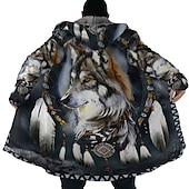 levne pánská fleecová bunda-Pánské Zimní kabát Fleecová bunda Kabát Sporty a outdoor Denní nošení Zahřívací Prodyšné Zip Kapsy Podzim zima Vlk Bandana Print Šik ven Etnický styl Mikina Dlouhé Běžný Černá Fialová Oranžová Hněd