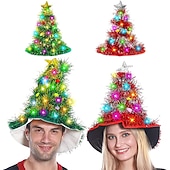 cheap Santa Hat &amp; Accessories-Christmas Hat 2 Pack Light Up Christmas Hats Funny Santa Hat with Tinsel 30 LED Colorful Lights Poms Christmas Costume Accessories for Adults Kids Xmas Tree Hat Holiday Party Theme Hats