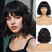 abordables perruque plus âgée-Perruque courte noire avec frange, cheveux naturels synthétiques pour femmes, longueur d&#039;épaule ondulée, vague d&#039;eau (12 pouces)