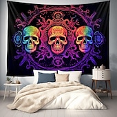 cheap Halloween Wall Tapestries-Halloween Blacklight Tapestry UV Reactive Glow in the Dark Glow Party Neon Skulls Totem Psychedelic Trippy Misty Hanging Tapestry Wall Art Mural for Living Room Bedroom