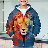 billiga Pojkens 3D-djur-Pojkar 3D Lejon Huvtröja Kappa Ytterkläder Långärmad 3D-tryck Höst Vinter Mode Streetwear Häftig Polyester Barn 3-12 år Utomhus Ledigt Dagligen Normal