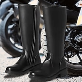 abordables Botas de ciclista-Botas de moto de piel sintética negra para hombre con cremallera lateral, botas de montar clásicas hasta la rodilla para motociclistas y ropa informal