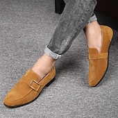 cheap Semi-Formal-Men&#039;s Brown Faux Suede Loafers with Metal Buckle – Classic Slip-On Shoes for Everyday Comfort