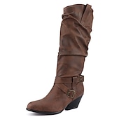 olcso Slouch Boots-női nyúlós, térdig érő csizma csatos pánttal és egymásra rakott sarokkal, sokoldalú alkalmi lábbeli, többféle színben elérhető őszre és télre