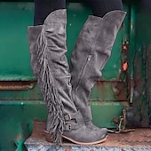 cheap Cowboy &amp; Western Boots-Women&#039;s Brown Suede Fringe Knee-High Boots with Buckle Straps - Western Style for Festivals, Casual Outings, and Outdoor Adventures
