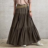 cheap Dresses-Women&#039;s Skirt Swing Long Skirt Fashion Casual Maxi Mid Waist Skirts Solid Colored Ruched Ruffle Vacation Street Black Wine Purple Brown Spring &amp; Summer Cotton Linen