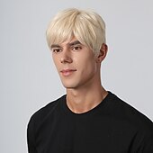 preiswerte Trendige synthetische Perücken-Synthetische Perücke, verworrener gerader Mittelteil, geschichteter Haarschnitt, maschinell hergestellte Perücke, 20,3 cm, hellgoldenes Kunsthaar, Herren, Cosplay, Party, Mode, blond,