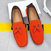 cheap Men&#039;s Slip-ons &amp; Loafers-Men&#039;s Orange and Blue Suede Driving Loafers with Tassel Detail and Non-Slip Rubber Sole - Stylish and Comfortable for Casual and Driving Wear