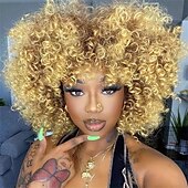 economico Parrucche trendy sintetiche-parrucche afro corte e ricce per le donne parrucca riccia crespa blu con frangia bomba capelli ricci parrucche sintetiche senza colla complete in fibra resistente al calore parrucca di Halloween di
