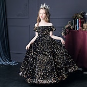 billige Blomsterkjoler-Blomsterpikekjole Jente Kjole Aftenkjole Festkjole Bryllup Fest søt stil Prinsesse Rynket Netting Kortermet Crew-hals Sølv Svart 3-12 år