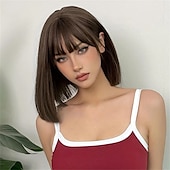 お買い得  トレンドの合成ウィッグ-ブラウン 14 インチ ボブ ショート ストレート ヘアウィッグ 前髪付き かわいい 合成繊維 女性用ウィッグ 毎日のハロウィーンパーティー コスプレ用 クリスマスパーティーウィッグ